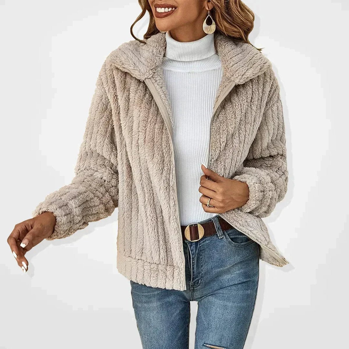 Tessa™ Koselig Fleece-jakke med Glidelås — Aprikos