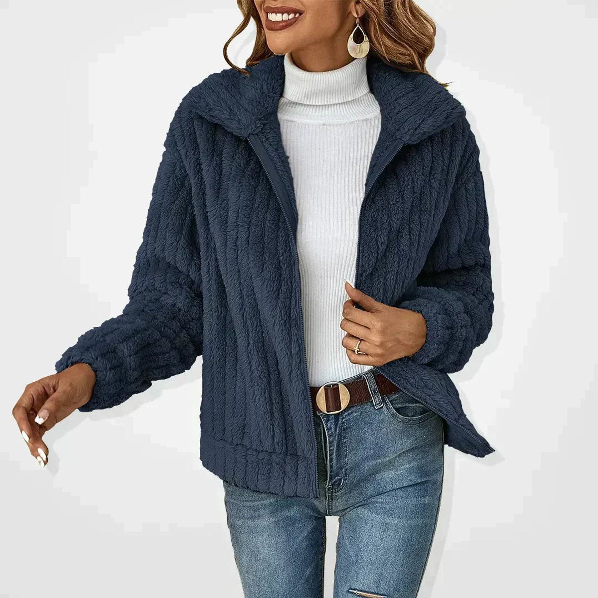 Tessa™ Koselig Fleece-jakke med Glidelås — Marineblå