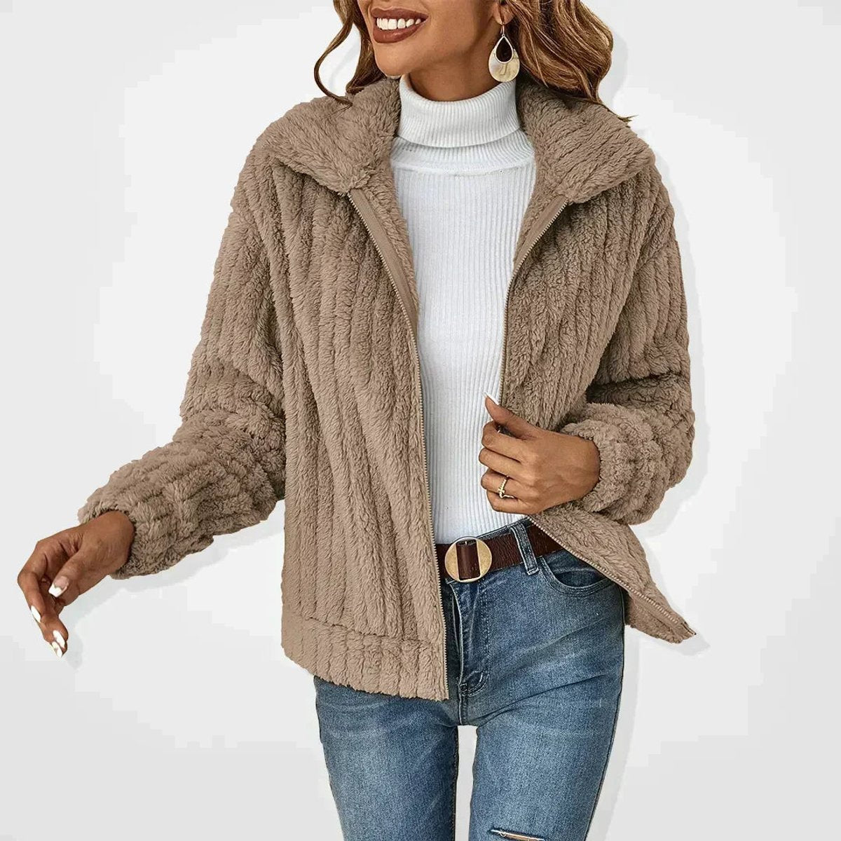 Tessa™ Koselig Fleece-jakke med Glidelås — Khaki